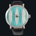 Mid Century Modern Argyle Leather Watch<br><div class="desc">This Mid Century Modern Argyle Leather Watch features a vibrant, turquoise background and a pattern of mod, translucent teal diamonds overlaying larger, vintage cream diamonds with gold colored, space age speckles. This minimalist inspired, deconstructed argyle is a simplistic throwback of the larger than life atomic era that dominated the decorating...</div>
