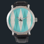 Mid Century Modern Argyle Leather Watch<br><div class="desc">This Mid Century Modern Argyle Leather Watch features a vibrant, turquoise background and a pattern of mod, translucent teal diamonds overlaying larger, vintage cream diamonds with gold colored, space age speckles. This minimalist inspired, deconstructed argyle is a simplistic throwback of the larger than life atomic era that dominated the decorating...</div>