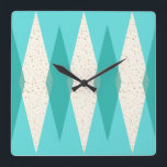 Mid Century Modern Argyle Square Wall Clock<br><div class="desc">This Mid Century Modern Argyle Square Acrylic Wall Clock features a vibrant, turquoise background and a pattern of mod, translucent teal diamonds overlaying larger, vintage cream diamonds with gold colored, space age speckles. This minimalist inspired, deconstructed argyle is a simplistic throwback of the larger than life atomic era that dominated...</div>