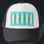 Mid Century Modern Argyle Trucker Hat<br><div class="desc">This Mid Century Modern Argyle Trucker Hat features a vibrant, turquoise background and a pattern of mod, translucent teal diamonds overlaying larger, vintage cream diamonds with gold colored, space age speckles. This minimalist inspired, deconstructed argyle is a simplistic throwback of the larger than life atomic era that dominated the decorating...</div>