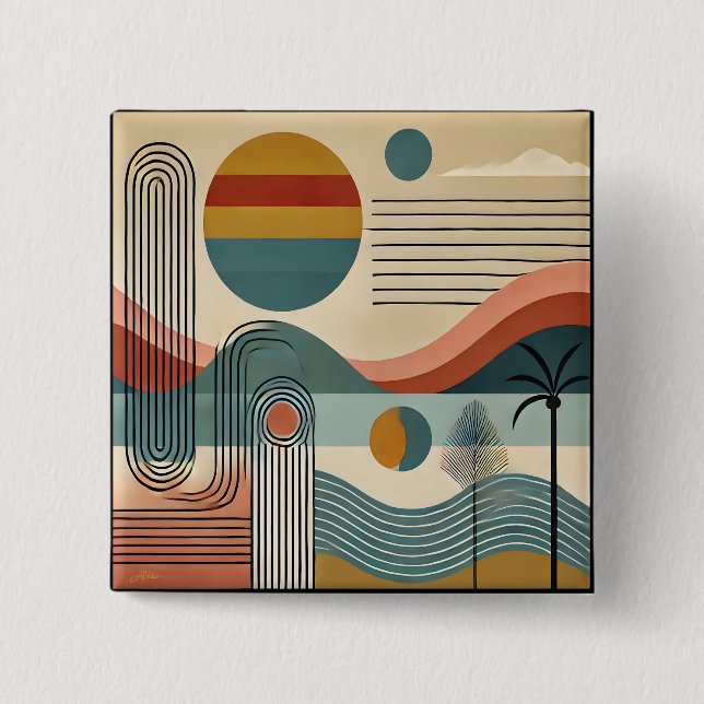 Mid Century Modern Art Beach Sunrise  Button (Front)