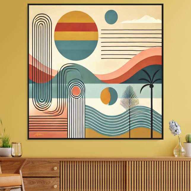 Mid Century Modern Art Beach Sunrise  Canvas Print (Insitu(LivingRoom))