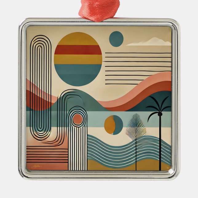 Mid Century Modern Art Beach Sunrise  Metal Ornament (Front)