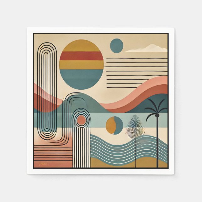 Mid Century Modern Art Beach Sunrise  Napkins (Front)