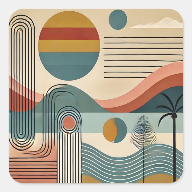 Mid Century Modern Art Beach Sunrise  Square Sticker (Front)