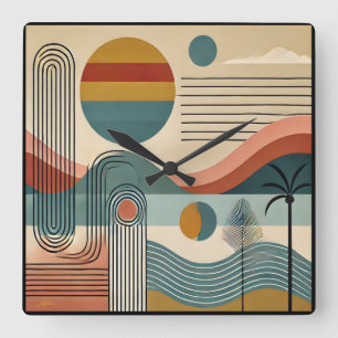 Mid Century Modern Art Beach Sunrise  Square Wall Clock