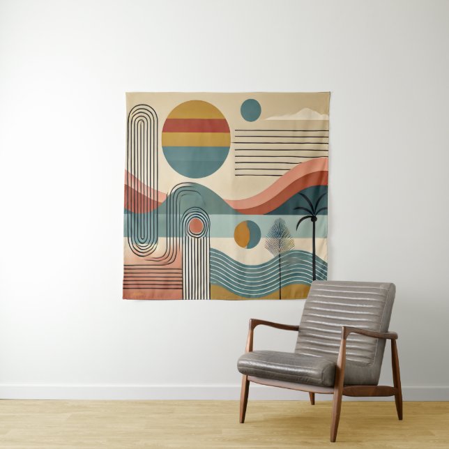 Mid Century Modern Art Beach Sunrise  Tapestry (In Situ)