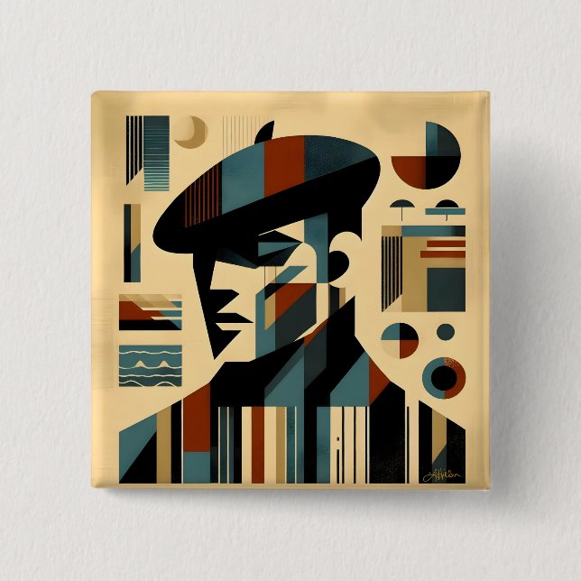 Mid Century Modern Art Man Wearing A Beret Button (Front)