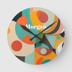 Mid Century Modern Art Monogram or Name, Geometric Round Clock