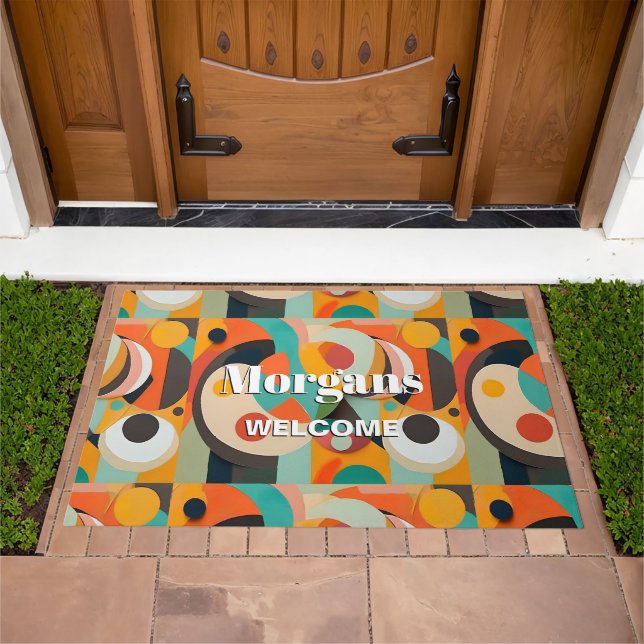 Mid Century Modern Art, Name & Welcome Text Line Doormat (Outdoor)