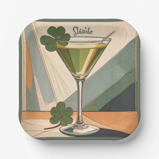 Mid Century Modern Art Shamrock Martini Sláinte!  Paper Plates (Front)