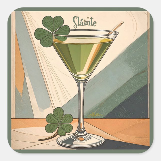 Mid Century Modern Art Shamrock Martini Sláinte!  Square Sticker (Front)