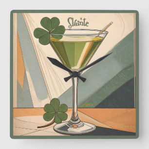 Mid Century Modern Art Shamrock Martini Sláinte! Square Wall Clock