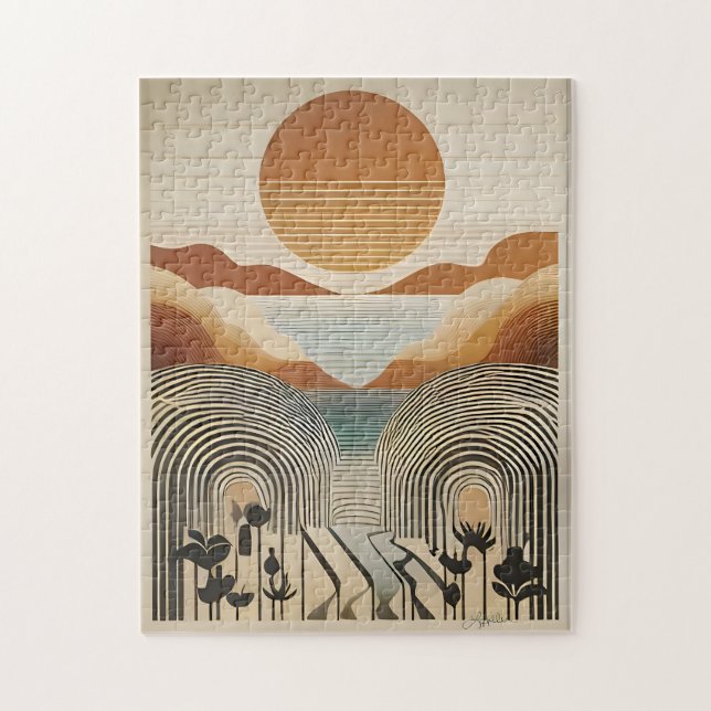 Mid Century Modern Art Spring Valley Lake Sunset Jigsaw Puzzle (Vertical)