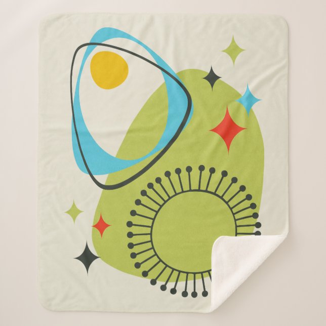 Mid Century Modern Atomic Age 14 Green, Blue Sherpa Blanket (Front)