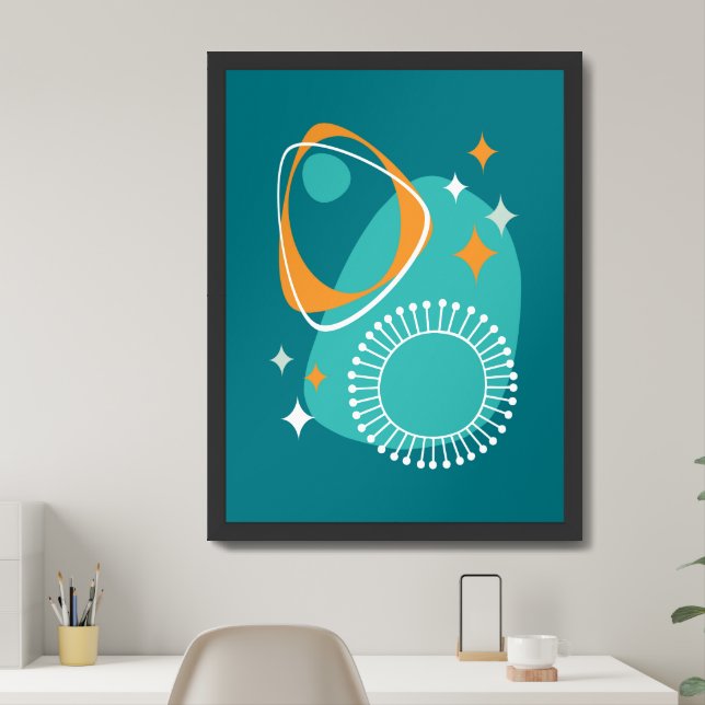 Mid Century Modern Atomic Age 14 Teal Aqua Orange Framed Art (Home Office)