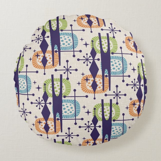 Mid Century Modern Atomic Age Abstract Pattern Round Pillow (Front)