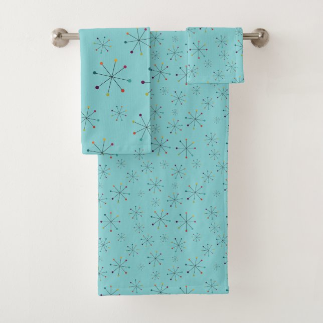 Mid-Century Modern Atomic Age Aqua Blue Pattern Bath Towel Set (Insitu)