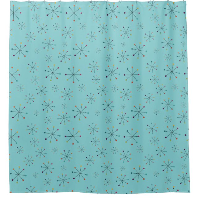 Mid-Century Modern Atomic Age Aqua Blue Pattern Shower Curtain (Front)