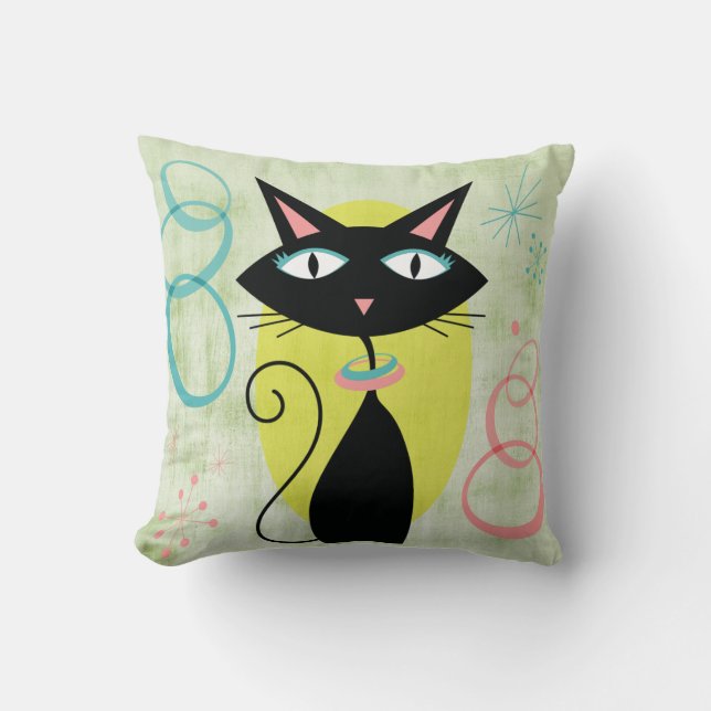 Mid-Century Modern Atomic Age Black Cat Throw Pillow (Front)
