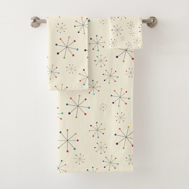 Mid-Century Modern Atomic Age Cream Pattern Bath Towel Set (Insitu)