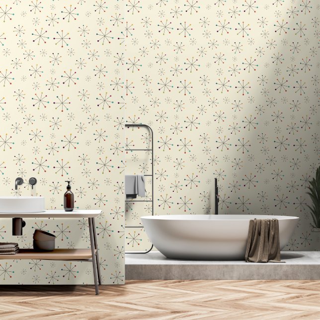 Mid-Century Modern Atomic Age Cream Pattern Wallpaper (Bathroom)