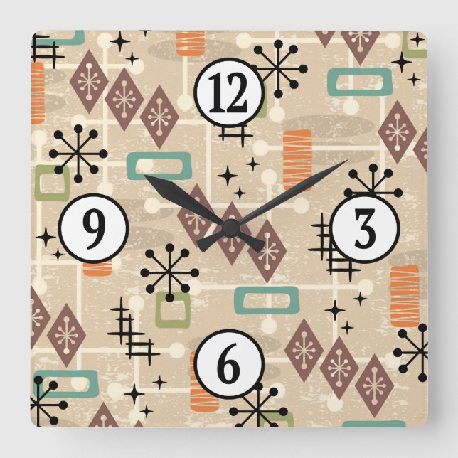Mid Century Modern Atomic Age Starburst Pattern Square Wall Clock (Front)