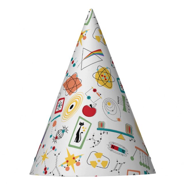 Mid Century Modern Atomic Age STEM Physics Scatter Party Hat (Front)