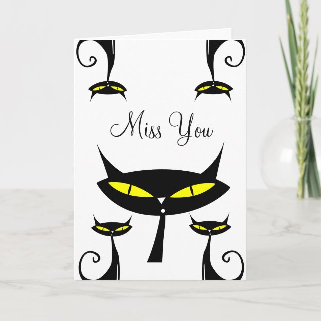 Mid Century Modern Atomic Black Cat Miss You Card (Front)