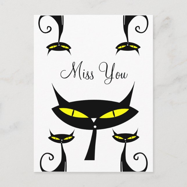 Mid Century Modern Atomic Black Cat Miss You Postcard (Front)