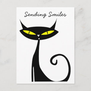 Mid Century Modern Atomic Black Cat Sending Smiles Postcard