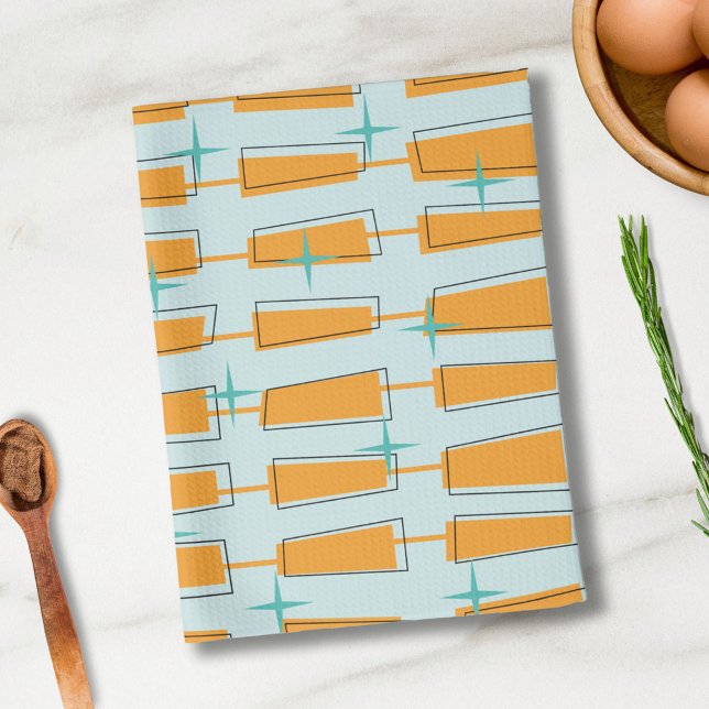Mid Century Modern Atomic Blocks Aqua, Orange Kitchen Towel (Creator Uploaded)