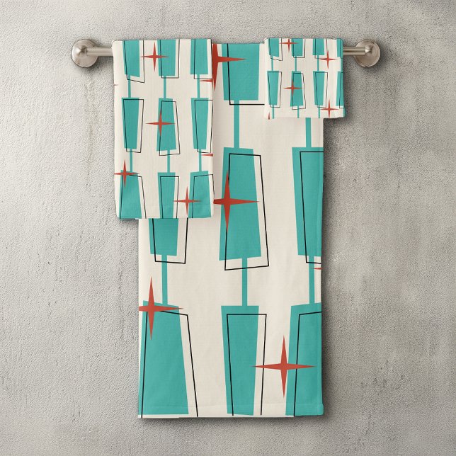 Mid Century Modern Atomic Blocks Teal, Cream, Red Bath Towel Set (Creator Uploaded)