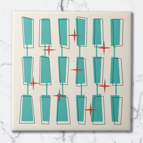 Mid Century Modern Atomic Blocks Teal Cream Red Ceramic Tile