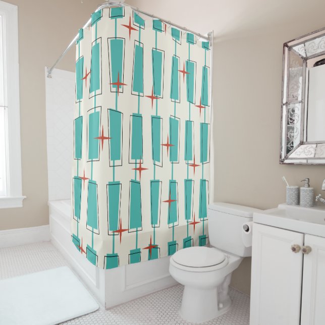 Mid Century Modern Atomic Blocks Teal, Cream, Red Shower Curtain (In Situ)