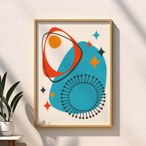 Mid Century Modern Atomic Blue Red Orange Abstract Poster