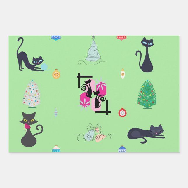 Mid Century Modern Atomic Cat Christmas Holiday  Wrapping Paper Sheets (Front 3)