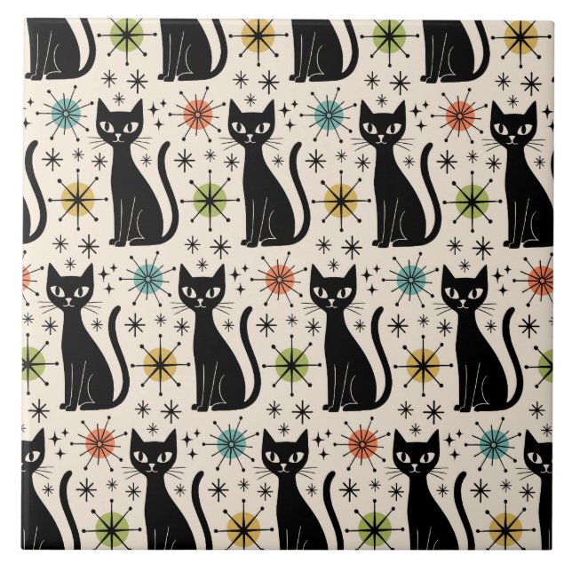 Mid Century Modern Atomic Cat Pattern Ceramic Tile (Front)
