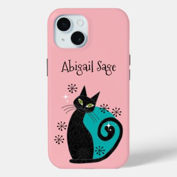 Mid Century Modern Atomic Cat Pink Blue Retro Iphone 15 Case by StuffByAbby at Zazzle