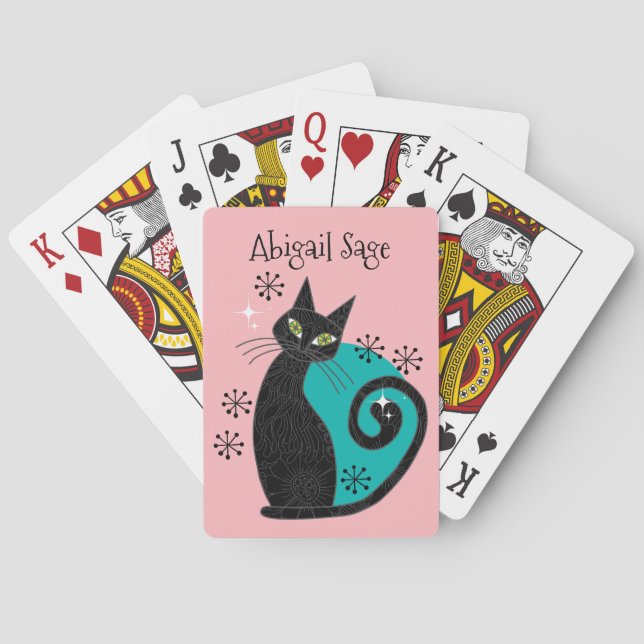 Mid Century Modern Atomic Cat Pink Blue Retro Poker Cards (Back)