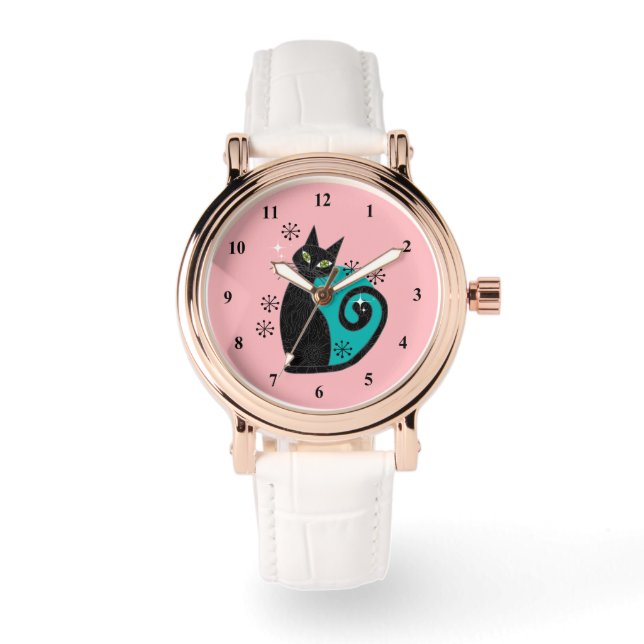 Mid Century Modern Atomic Cat Pink Blue Retro Watch (Front)