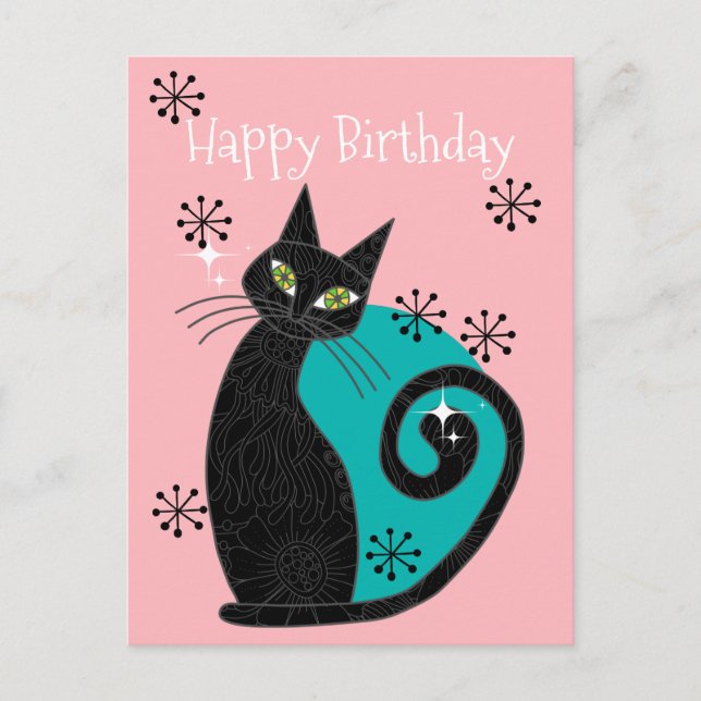 Mid Century Modern Atomic Cat Retro Happy Birthday Postcard (Front)