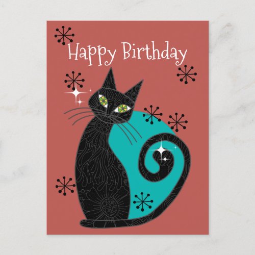 Mid Century Modern Atomic Cat Retro Happy Birthday Postcard