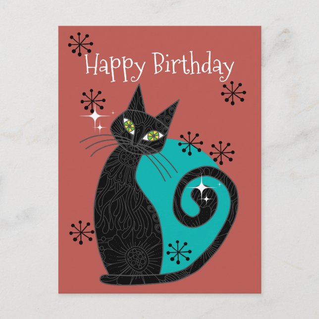 Mid Century Modern Atomic Cat Retro Happy Birthday Postcard (Front)