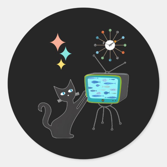 Mid Century Modern Atomic Cat With Fish Tv Classic Round Sticker (Front)