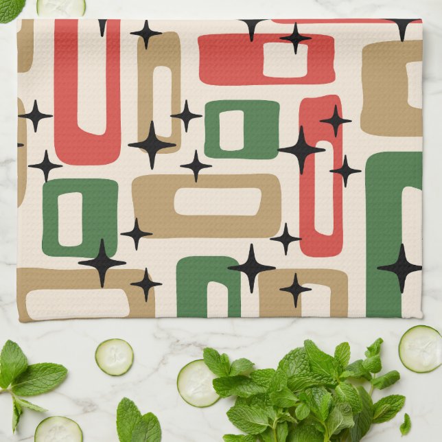 Mid Century Modern Atomic Christmas Kitchen Towel (Folded)