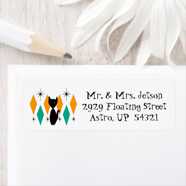 Mid Century Modern Atomic Diamonds Starbursts Cat Label (Insitu)