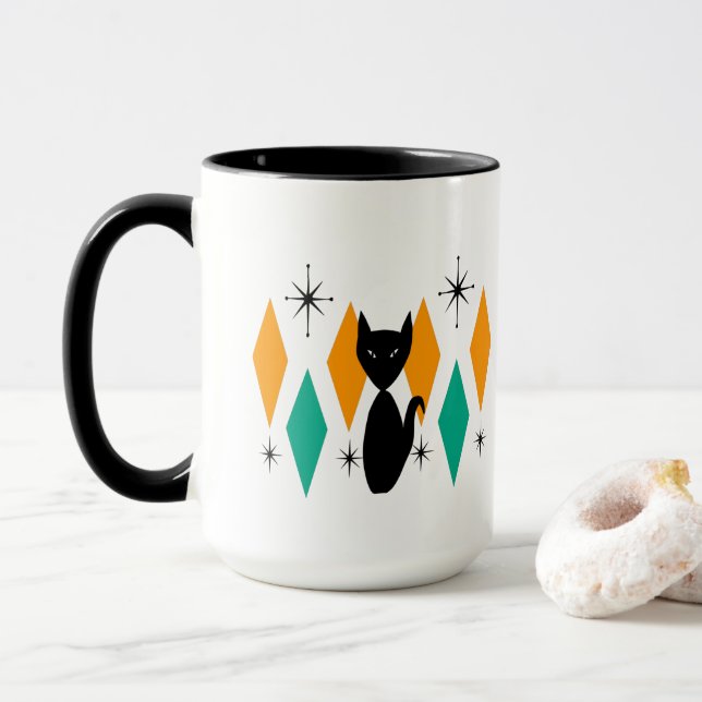 Mid Century Modern Atomic Diamonds Starbursts Cat Mug (With Donut)