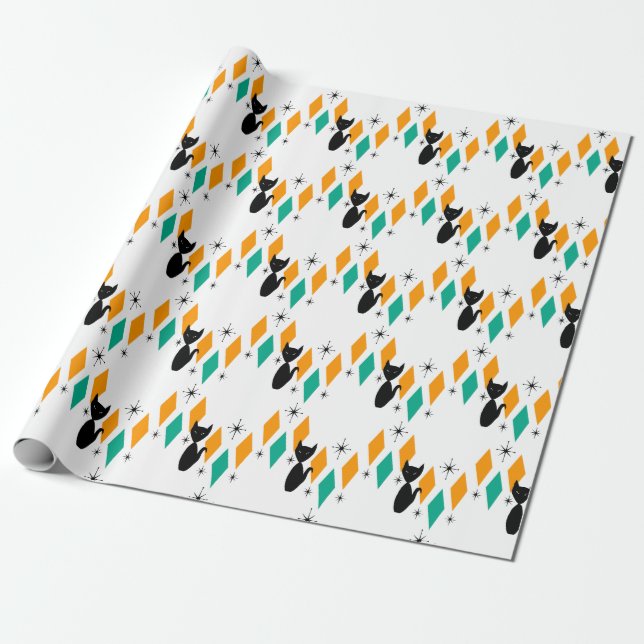 Mid Century Modern Atomic Diamonds Starbursts Cat Wrapping Paper (Unrolled)