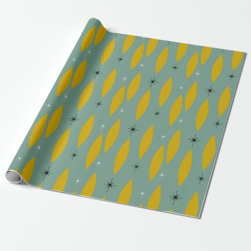 Mid Century Modern Atomic Diamonds Stars Gold Teal Wrapping Paper